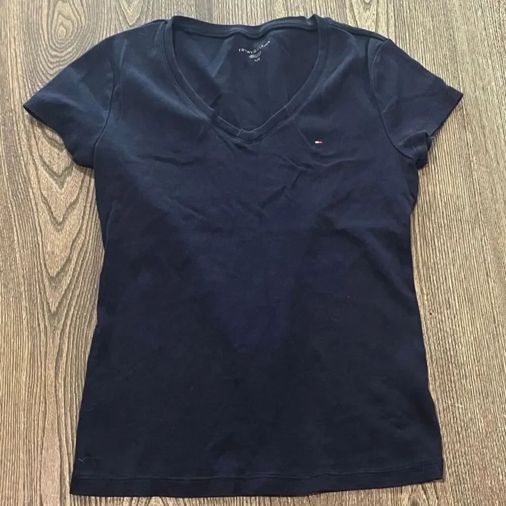 Tommy Hilfiger Womens V-Neck Tee Short Sleeves Pullover Cotton Navy Blue Size L